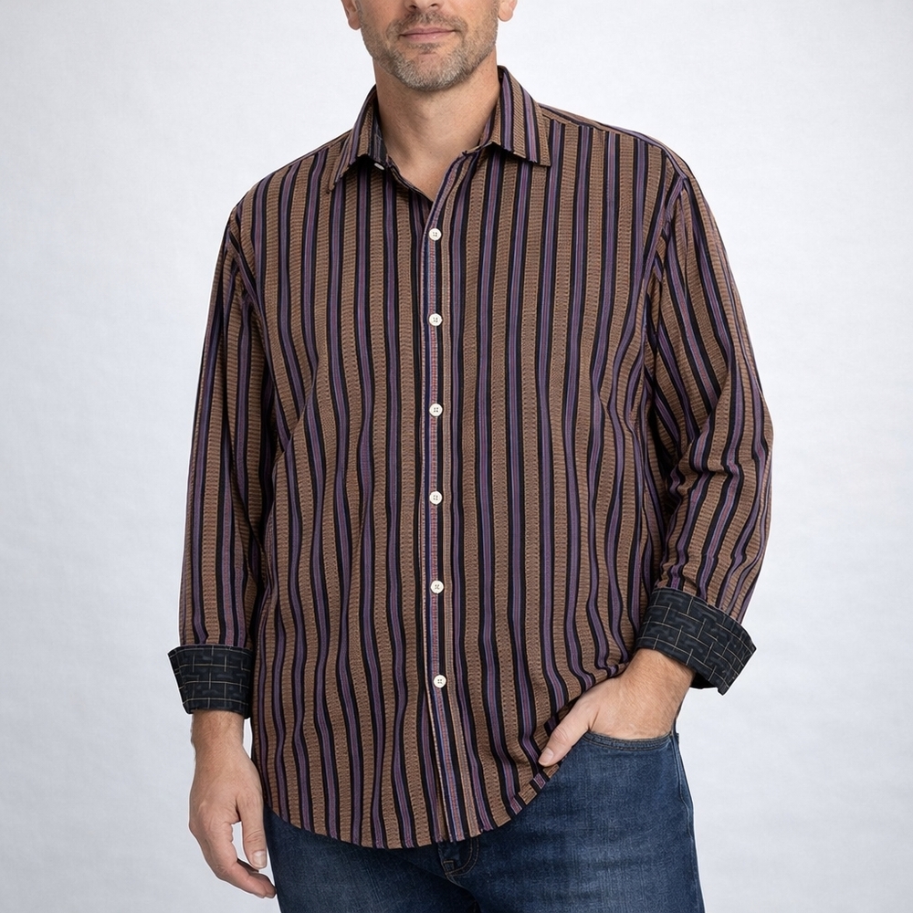Robert Graham Purple Brown Striped Button Down Shirt Flip Cuff Luxury Casual